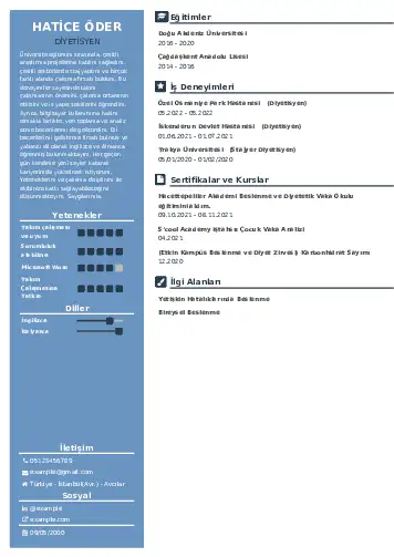 Beslenme Uzmanı Diyetisyen CV Örnekleri cv indir